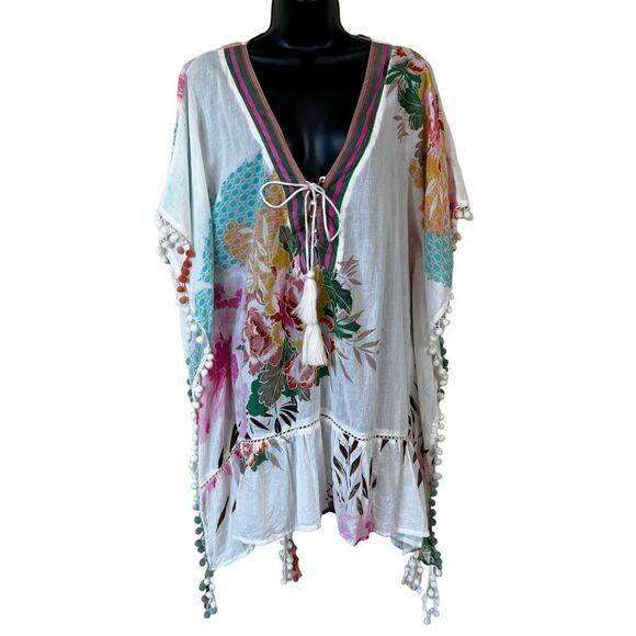 Z&L Floral Pom Pom Kimono Cotton Cover Up - Picture 1 of 8